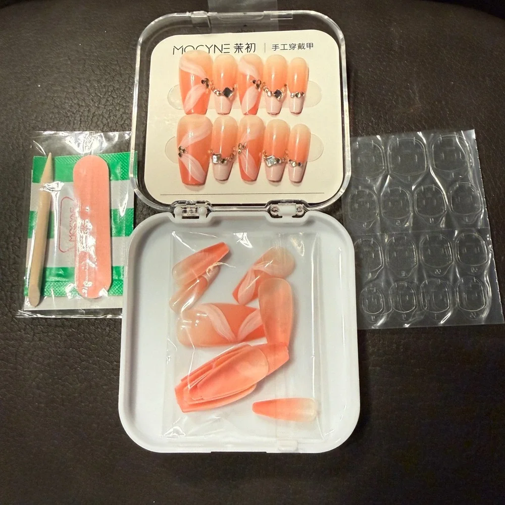 Mocyne 24pc Press On Nails NEW Peach Ombre Rhinestone Long Coffin Art